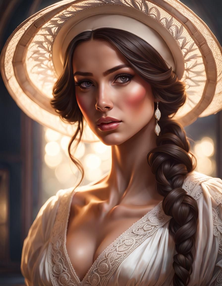 Brunette Girl in Lacy Silk Dress: 8K Portrait