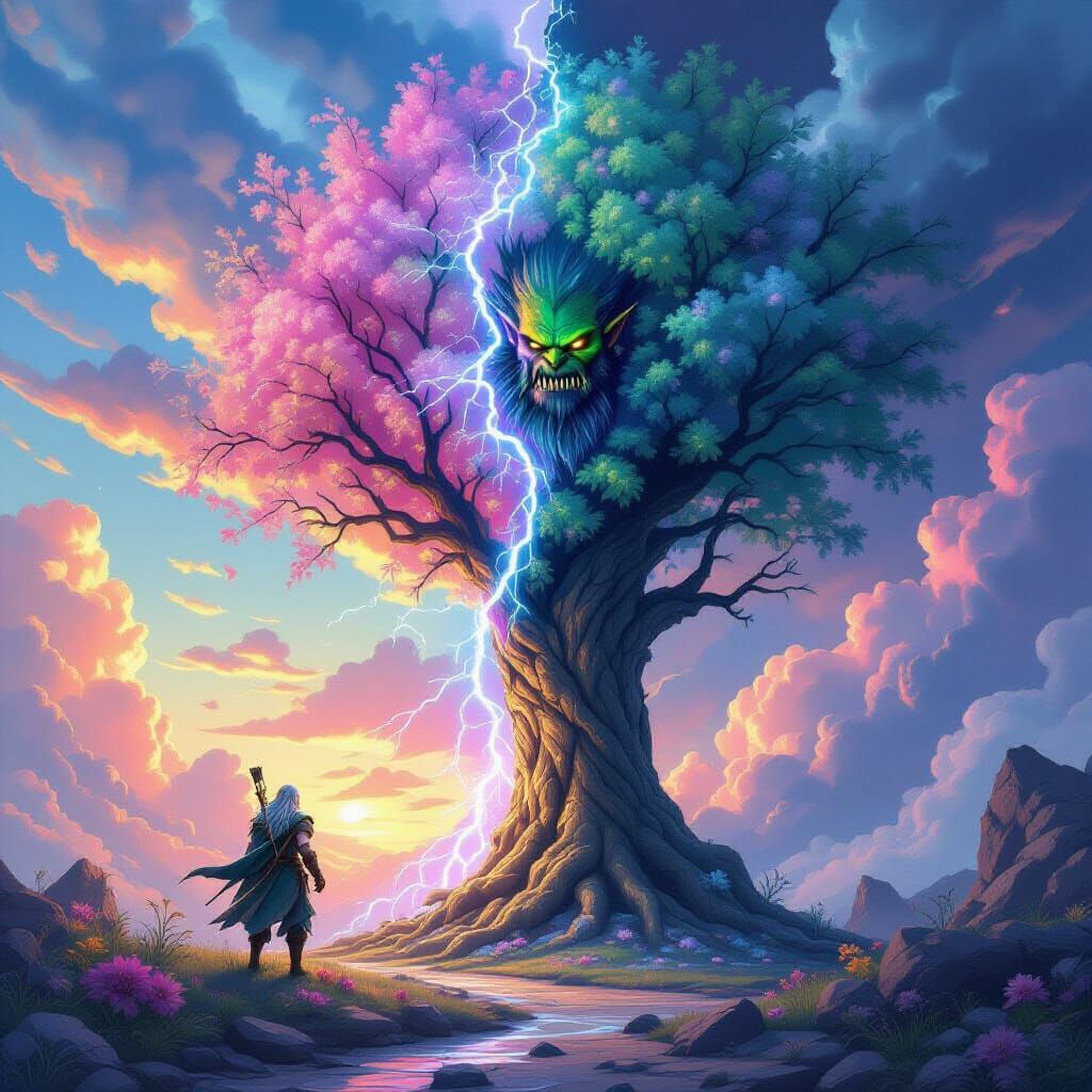 Tree Split by Lightning: Pastel Dream vs. Dark Landscape