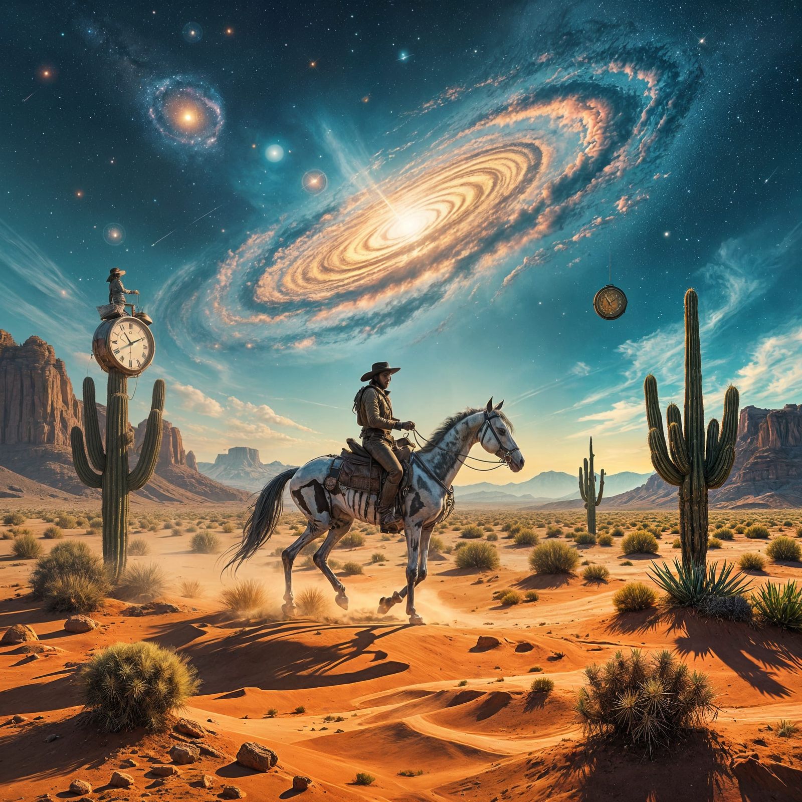 Surreal Desert Ride: Cowboy, Skeleton Horse, Cosmic Sky