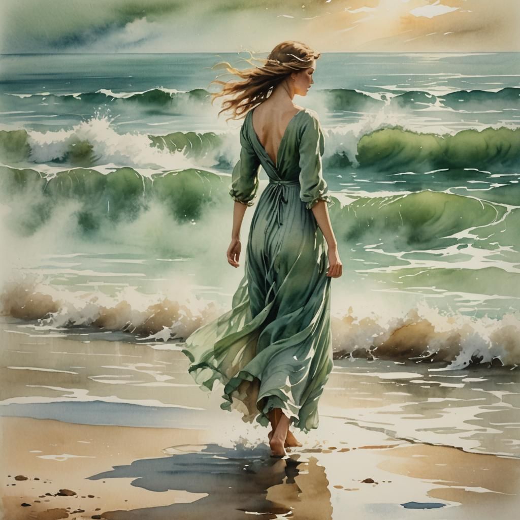 Woman by the Sea: Romantic Watercolor Painting