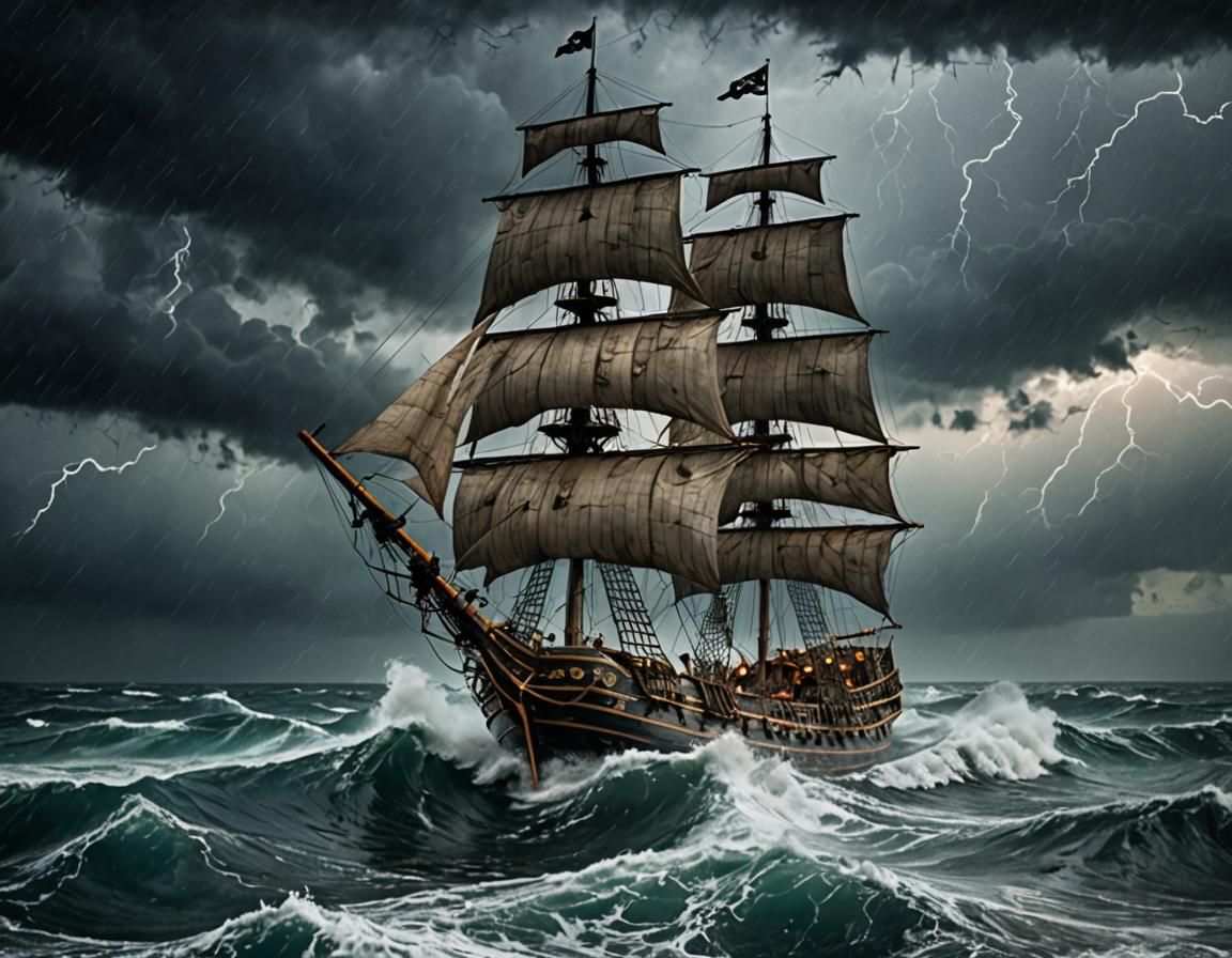 Pirate ship at sea, heavy rain, lightning, dark cloudy skies...
