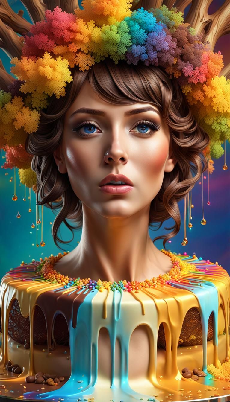 Abstract  Illusion   of  Creme choco honey-milk cheese cake tree,   dropped ,  rainbow cover lace ,  fragile  , creative...