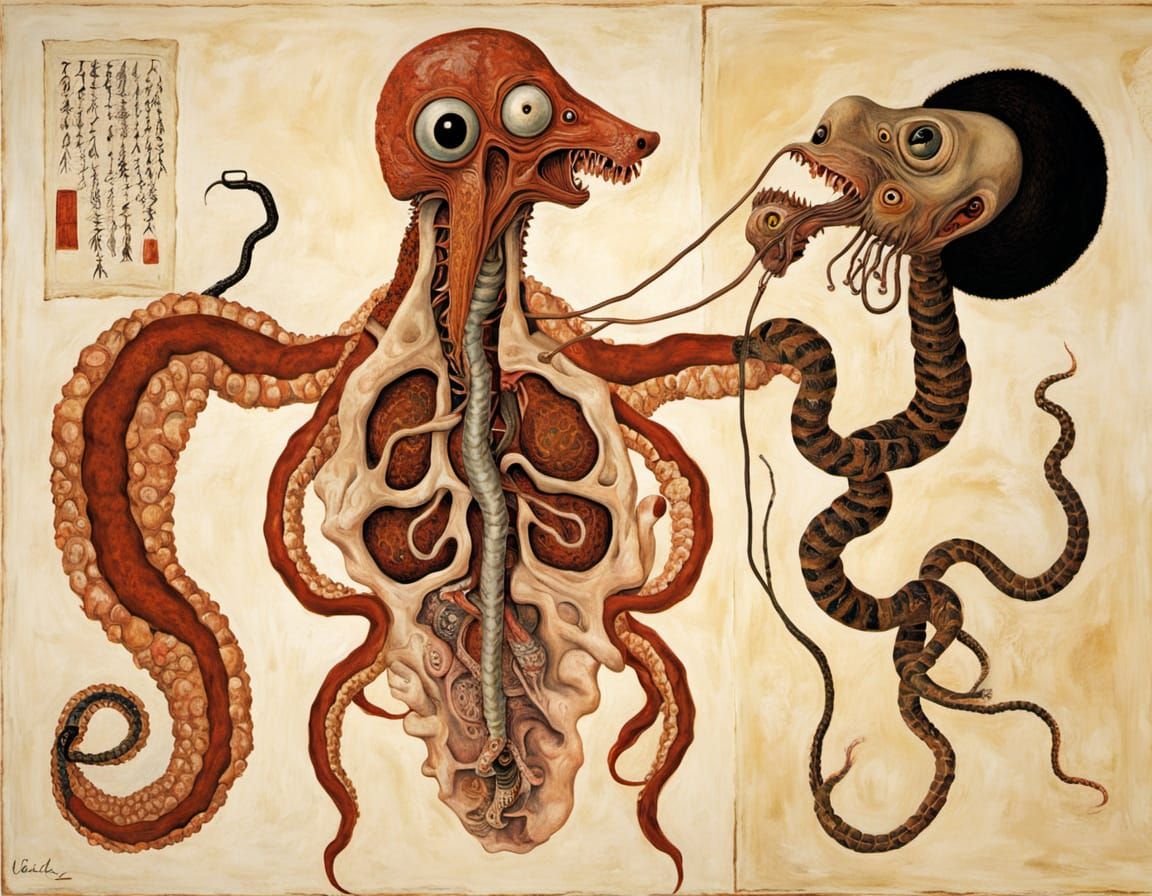 Ukiyo-e Calamari Hybrid Anatomy in Surrealist Style