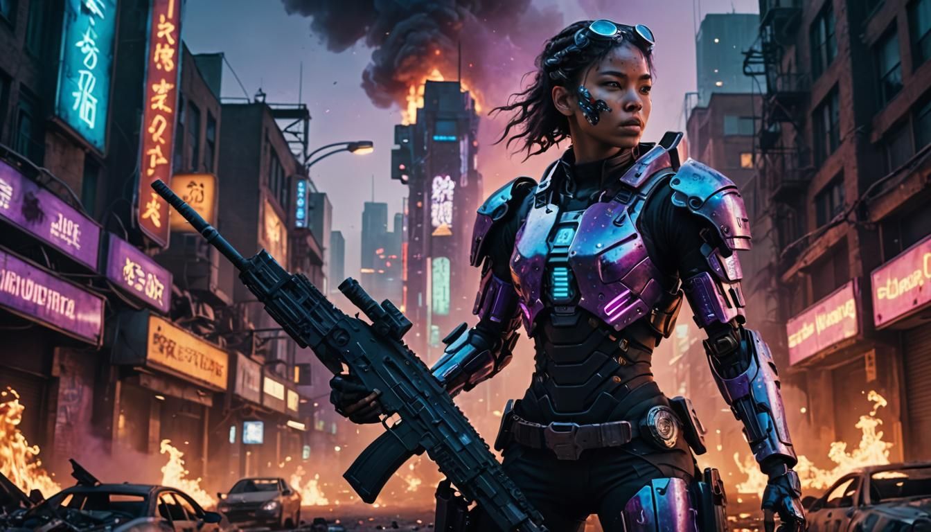 Cyborg Soldier in Dystopian Cityscape