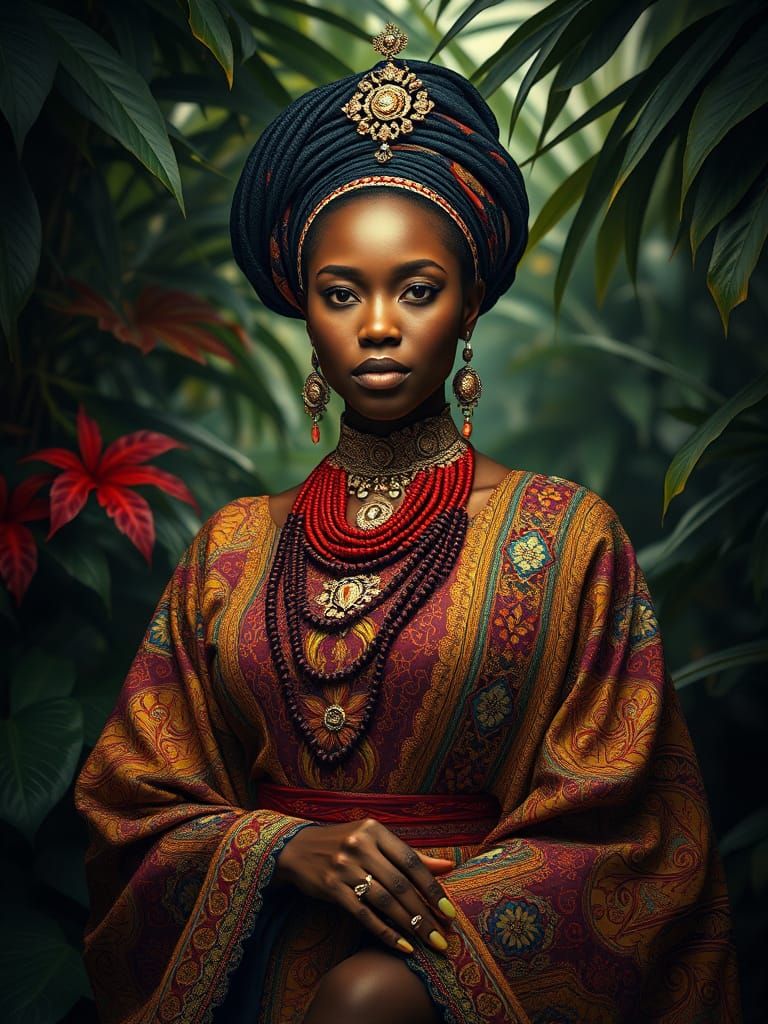 African American Woman in Renaissance-Inspired Jungle Attire