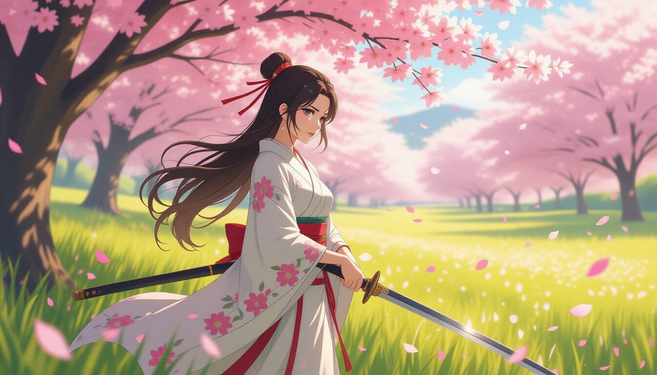 Anime Swordswoman in Cherry Blossom Field, Sunlight Glow