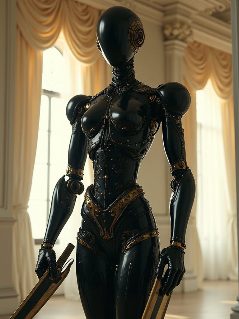 Steampunk Robot Assassin in Grand Room with Billowing Curtai...