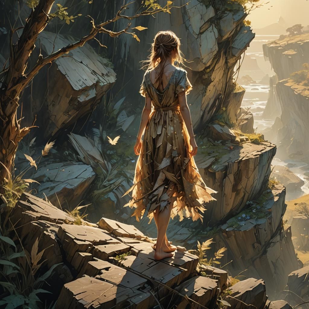 Girl on Rock at Sunset in Artistic Style
