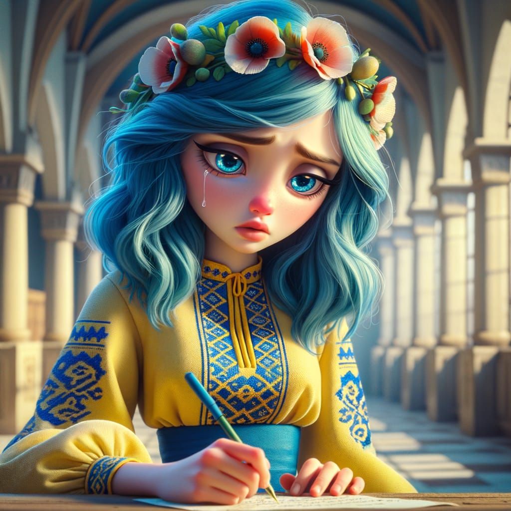 Young Woman in Ukrainian Embroidered Attire, Inspired by Cla...