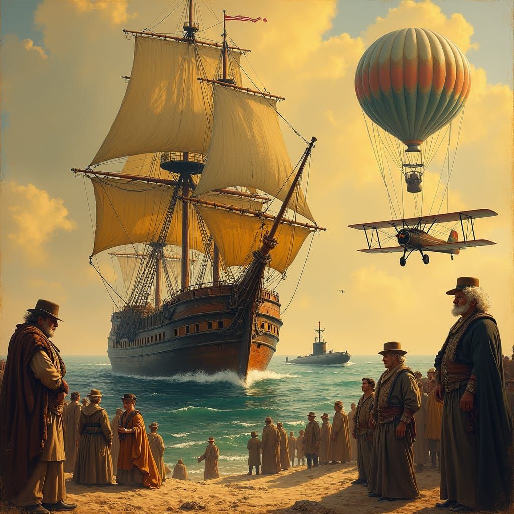 Galleon Ship and Historical Figures as Oil Painting