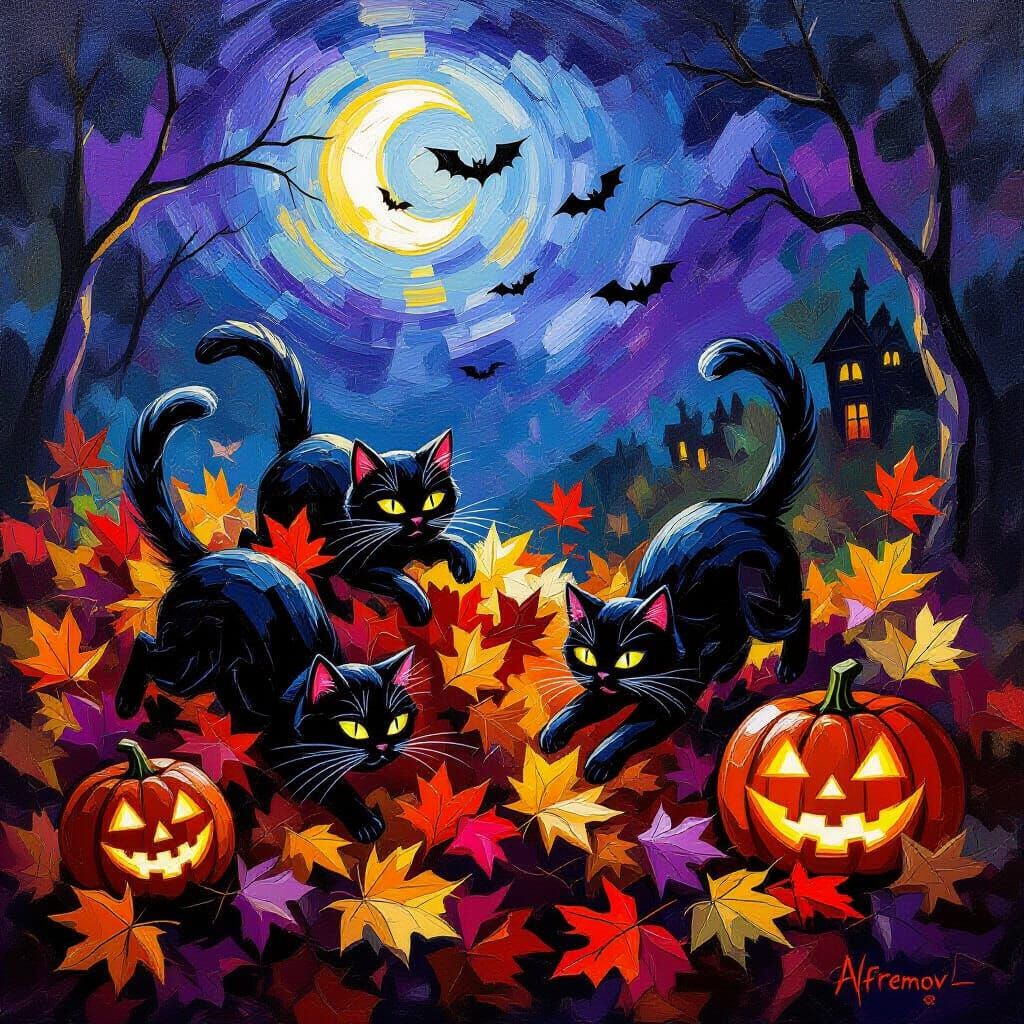 Black Cats Playful Halloween Night in Autumn Leaves