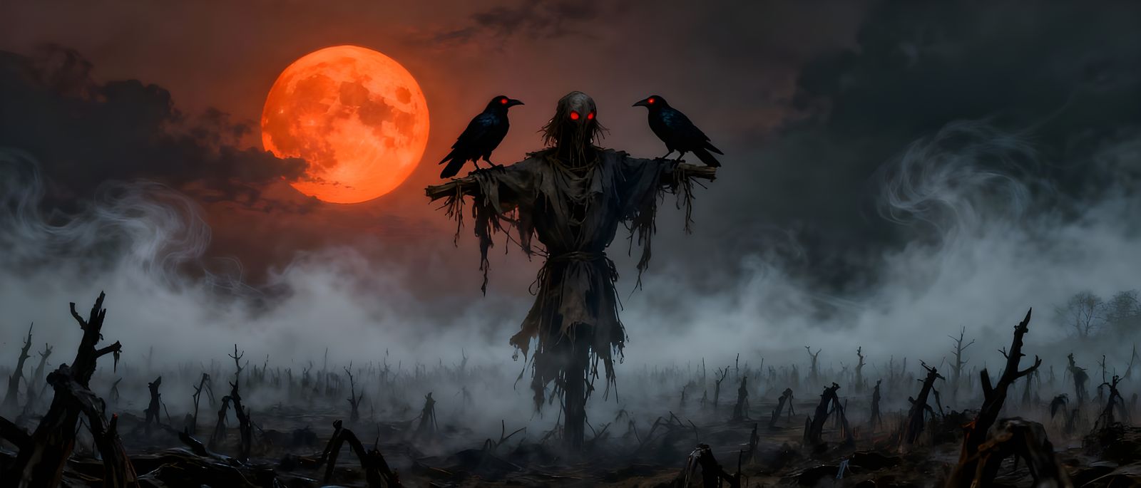 Sinister Scarecrow Under Orange Moon