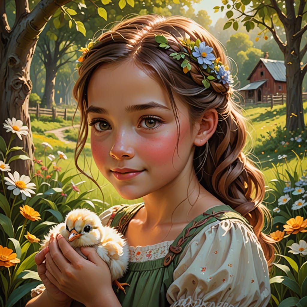 Whimsical Farm Girl Holding a Fluffy Chick in a Sunlit Meado...