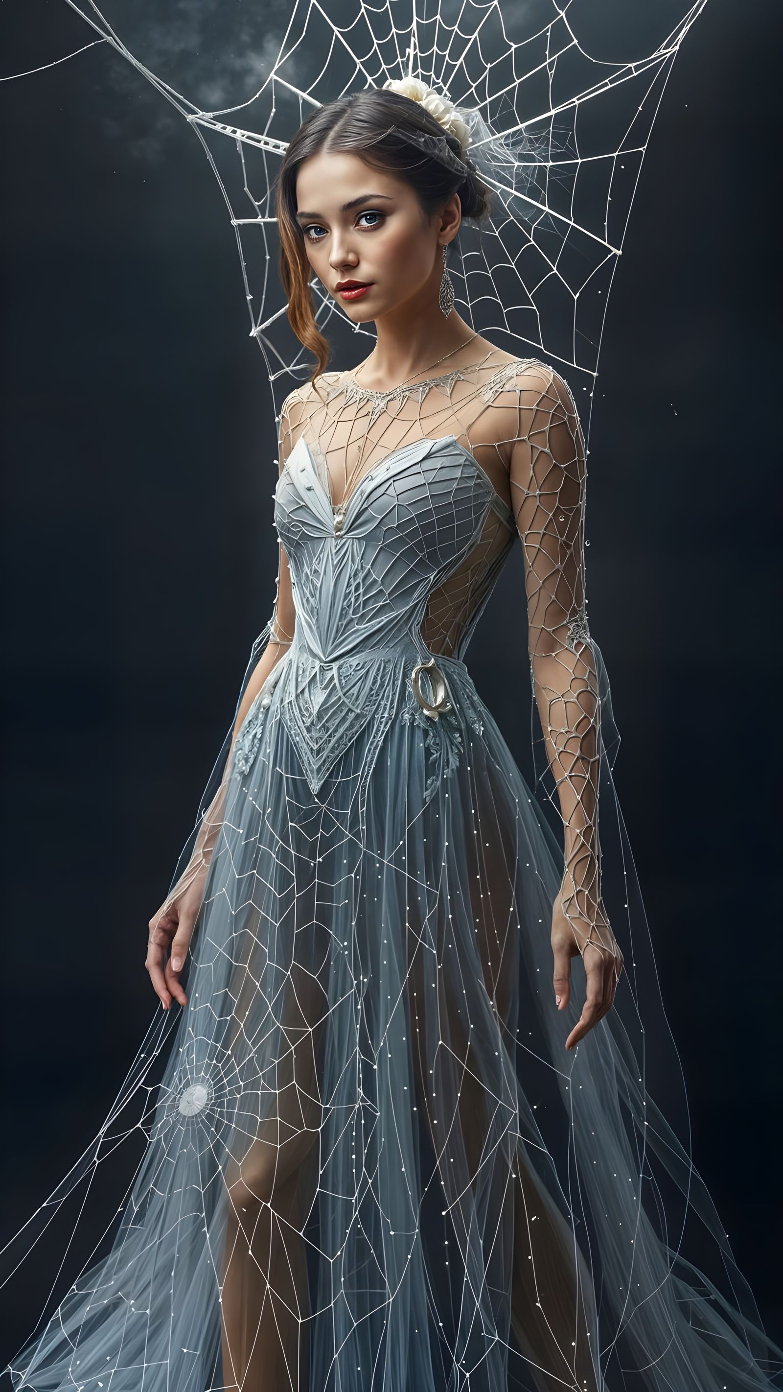 Woman in Intricate Spiderweb Evening Gown