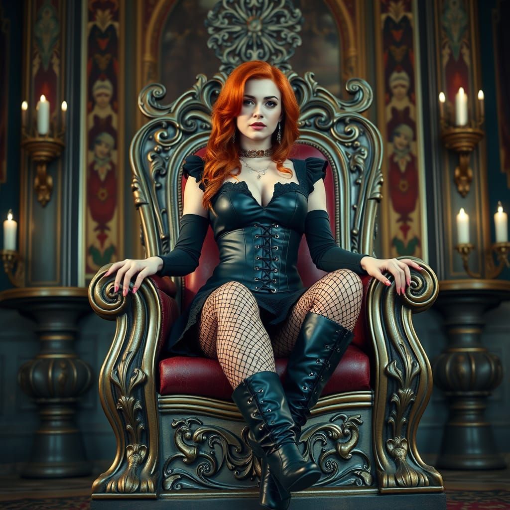 Redhead Woman on Throne in Steampunk Style