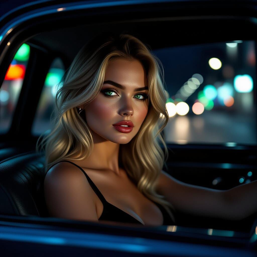 Noir-Inspired Portrait of a Woman in a Taxi