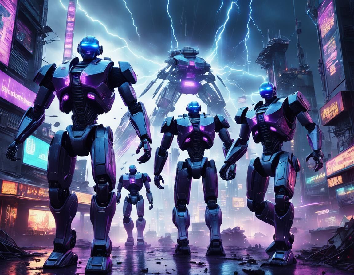 Robots at War in Neon City: Cyberpunk Concept Art