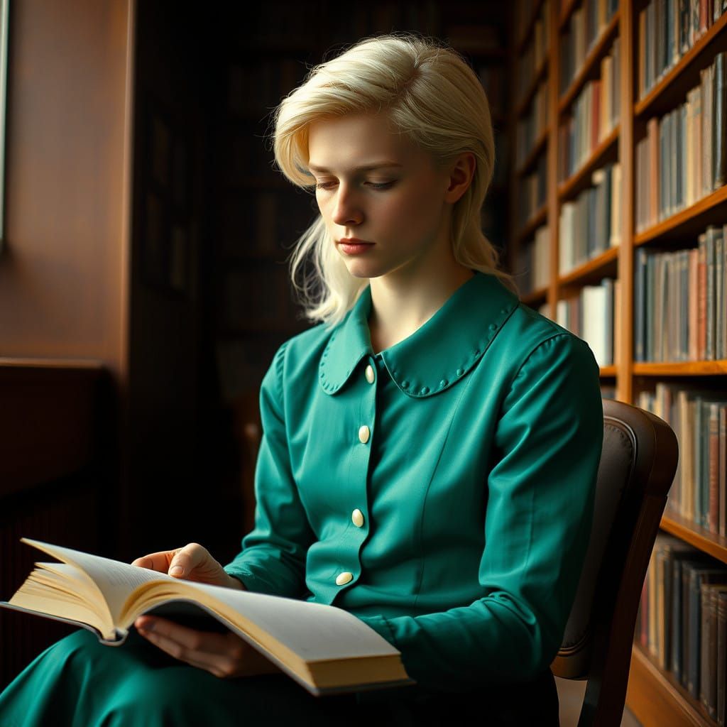 Elegant Young Man Reads in Cozy Library Wearing Emerald Gree...