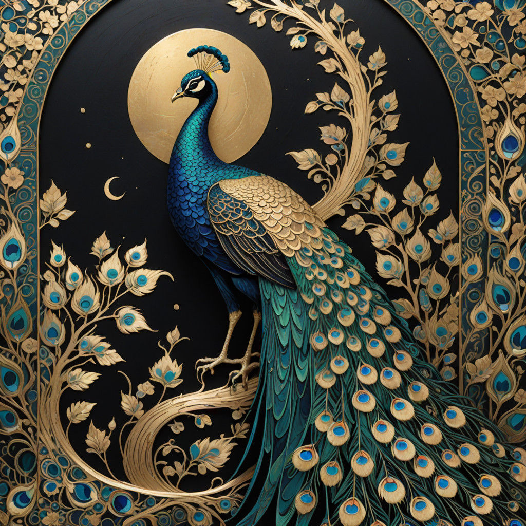 Luxurious Baroque Woman in Kimono with Peacock Feathers