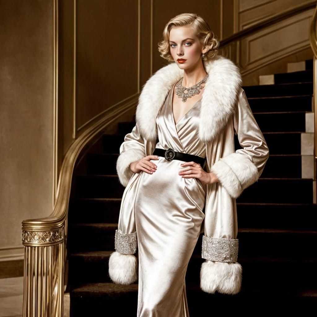 Elegant Blonde in Satin Gown on Art Deco Stairway