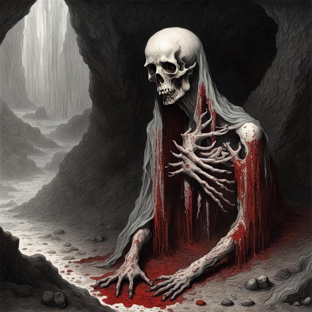 Blood-Soaked Flower in Bone Cave: Horror Art