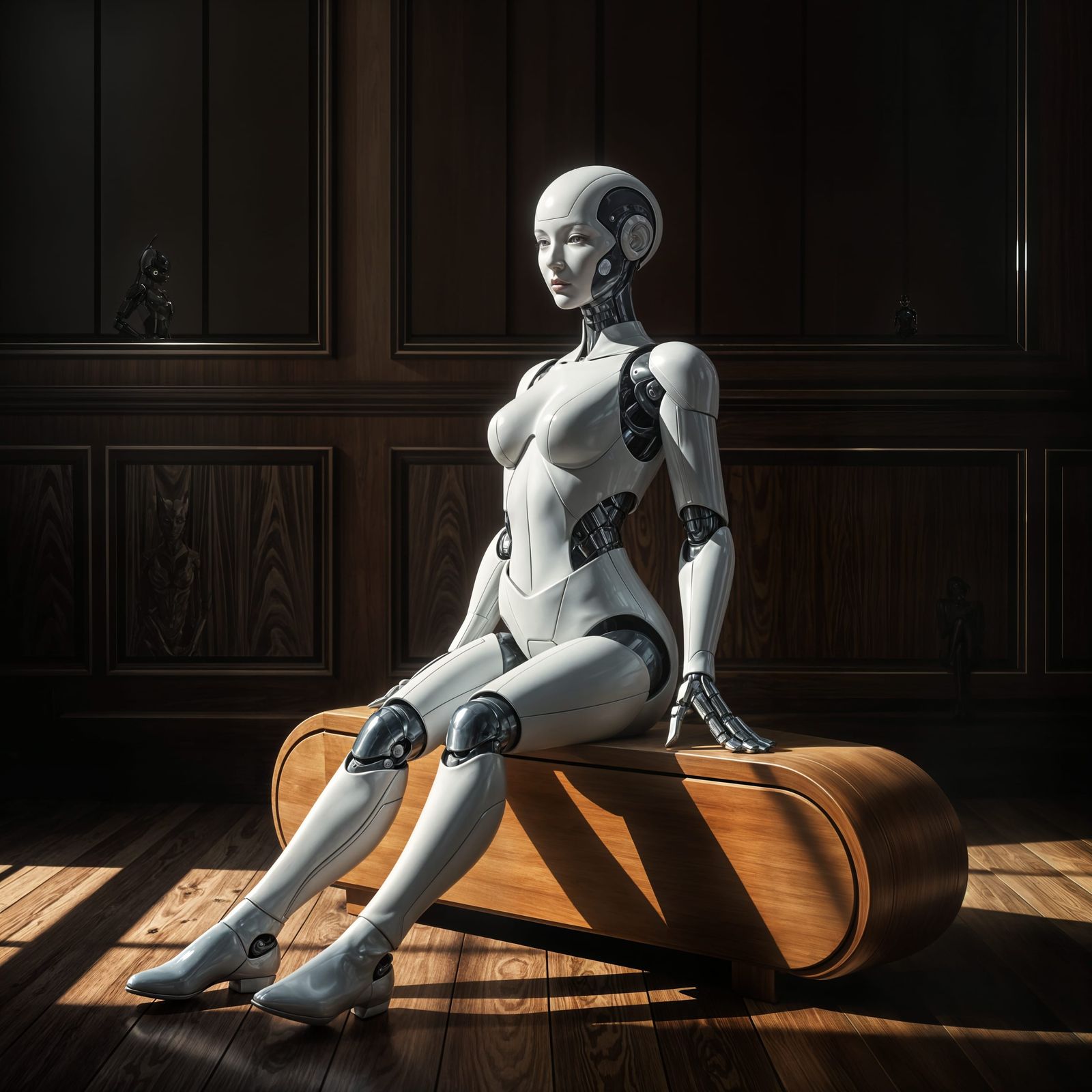 Futuristic Robot on Wooden Bench in Dim Room