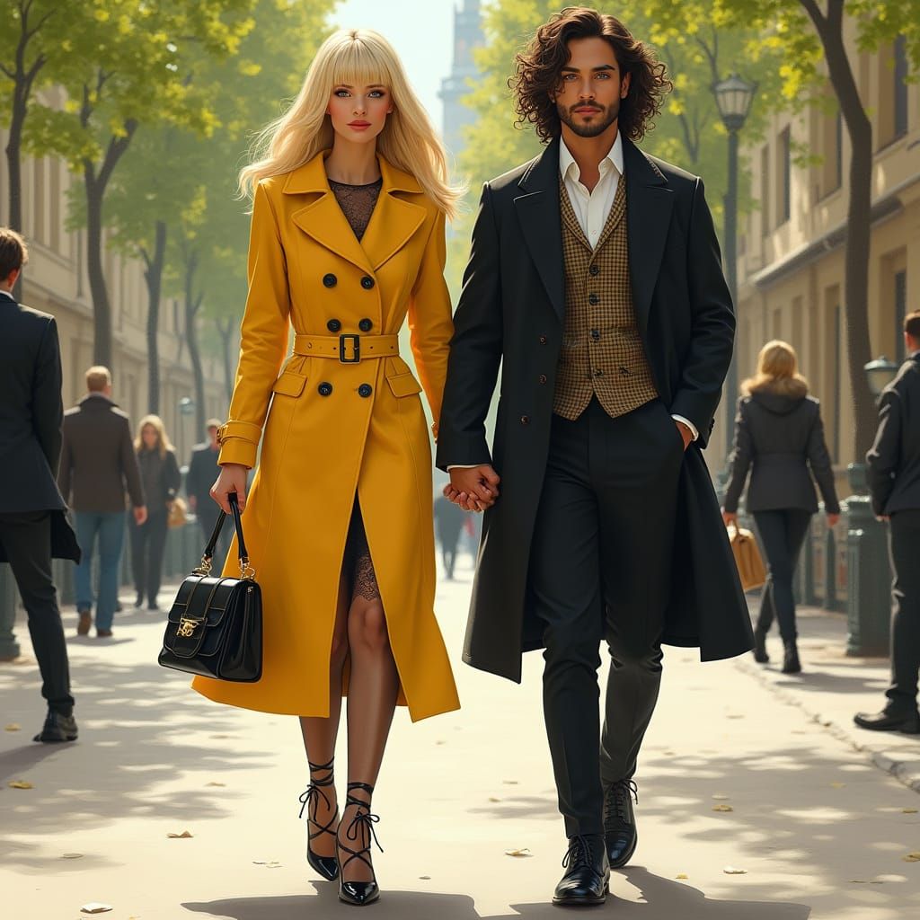 Romantic Parisian Couple Stroll in Realistic Style