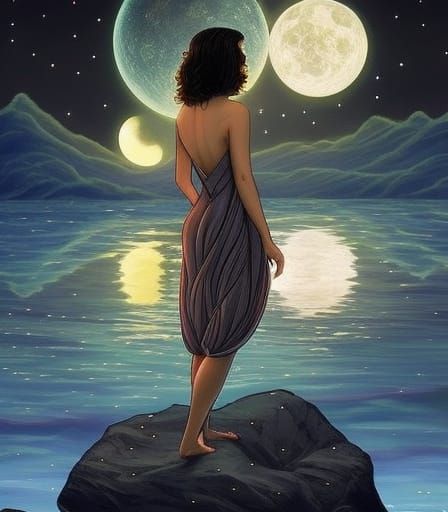 Woman Gazing at Luminous Moons, Digital Art