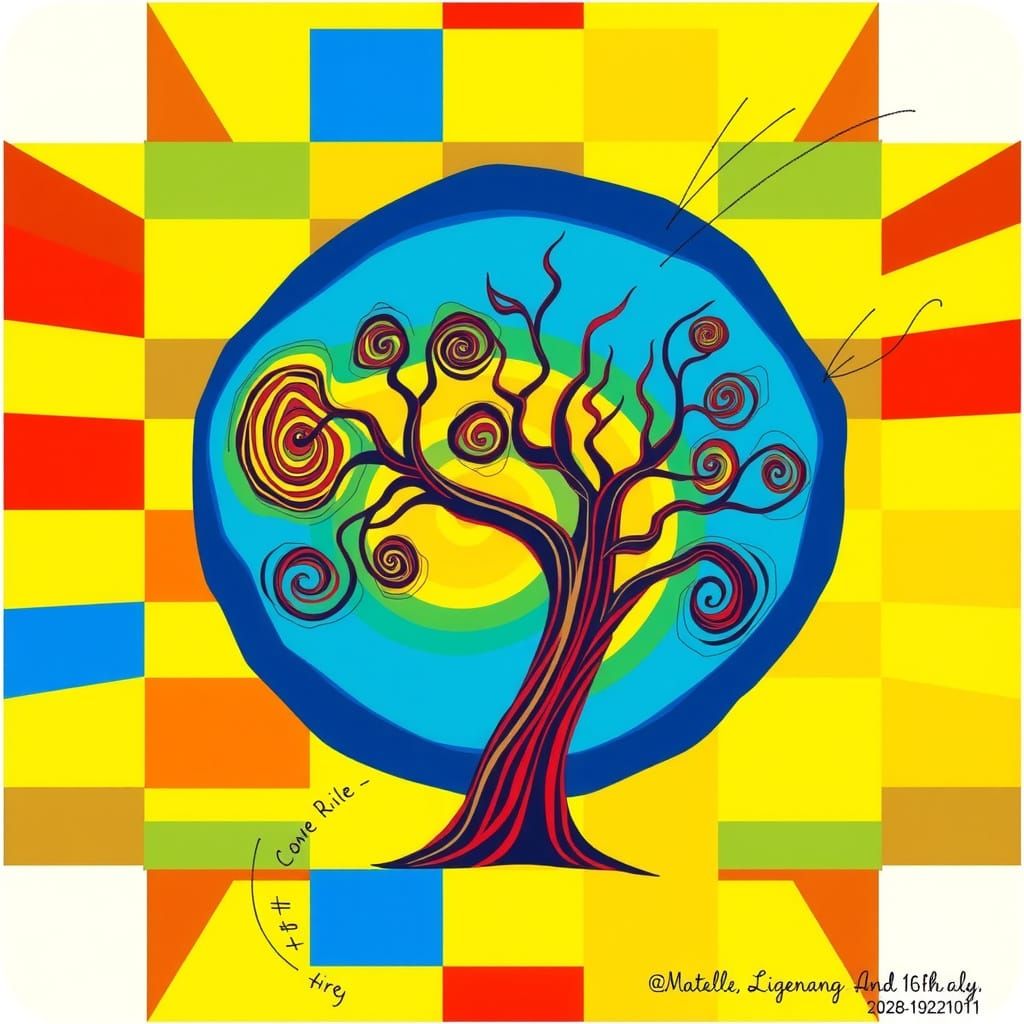 Vibrant, Swirling Tree Shape in Op Art Style with Moiré Effe...