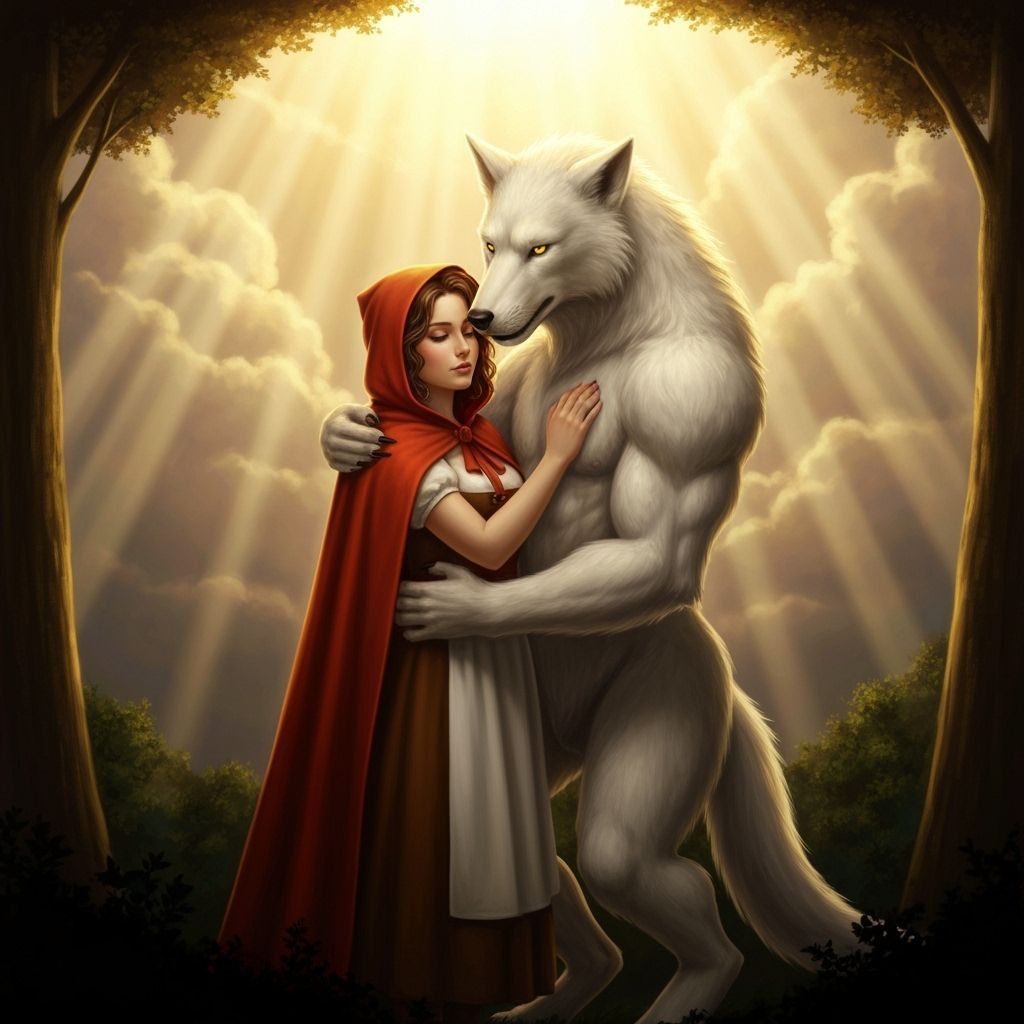 Red Riding Hood Embraced by White Werewolf in Forest