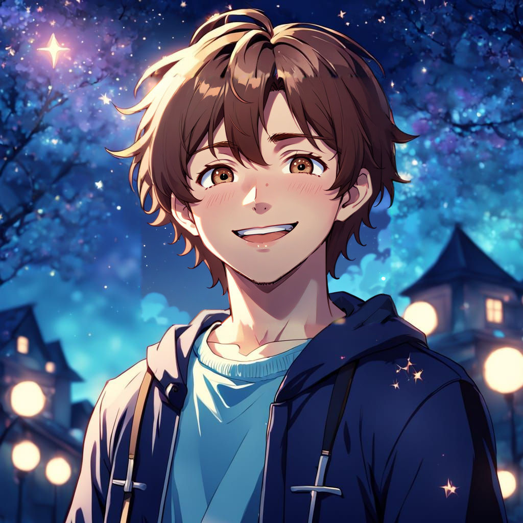 Man Smiles Under Stars with Lipstick in Vibrant Cel-Shaded S...