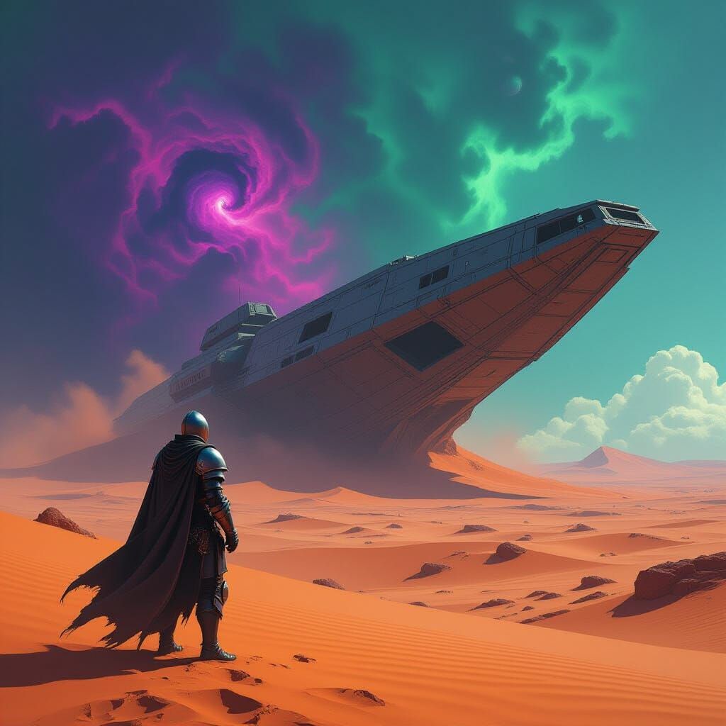 Knight Gazes at Alien Ship in Nebula Sky