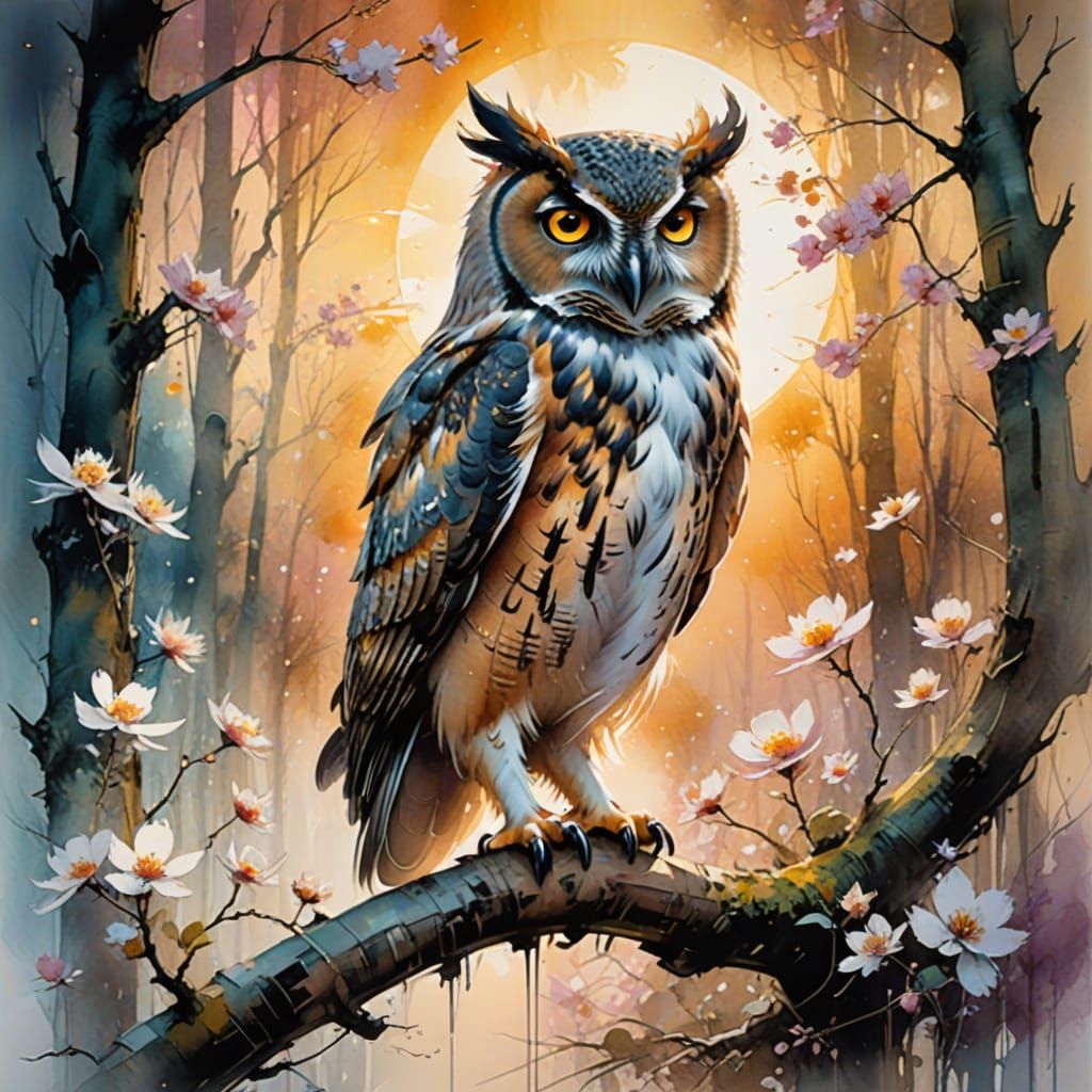 Whimsical Owl in Dreamlike Watercolour Forest
