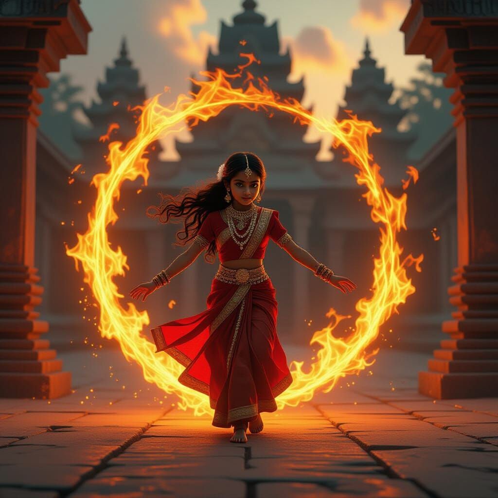 Young Indian Girl Born from Golden Flames in Temple