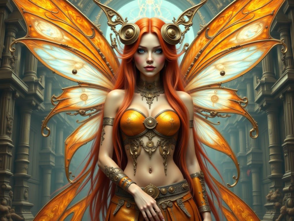 Clockwork Fairy with Orange Wings in Retrofusionism Style