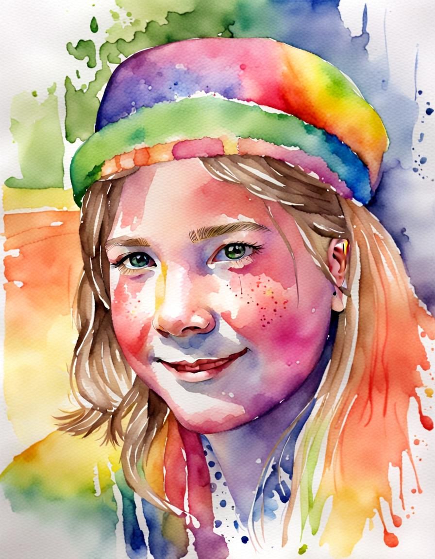 Watercolor Portrait of Girl with Rainbow Aesthetic