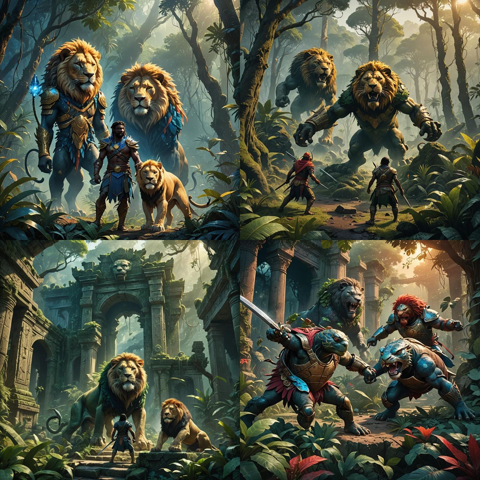 Tortoise and Lion Jungle Fight: Detailed Matte Painting