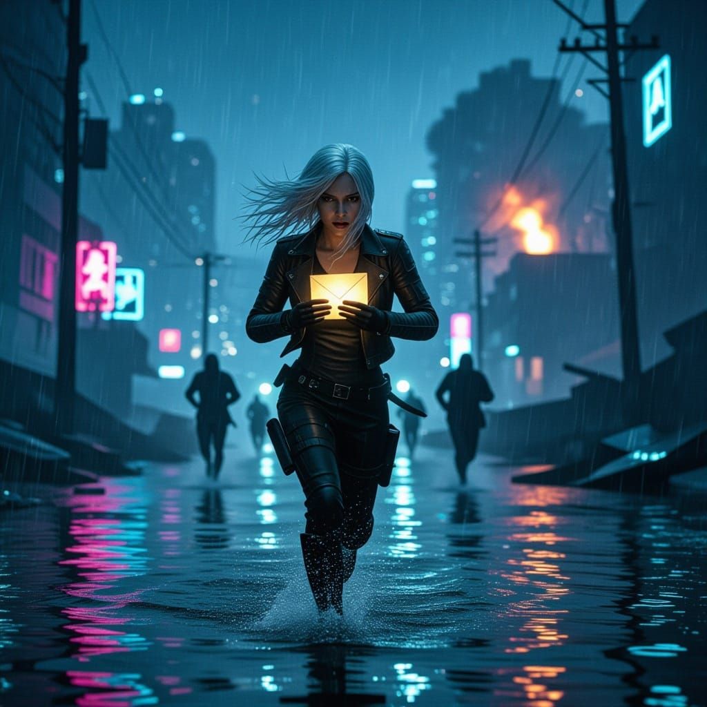 Ethereal Courier Races Through Flooded City at Night
