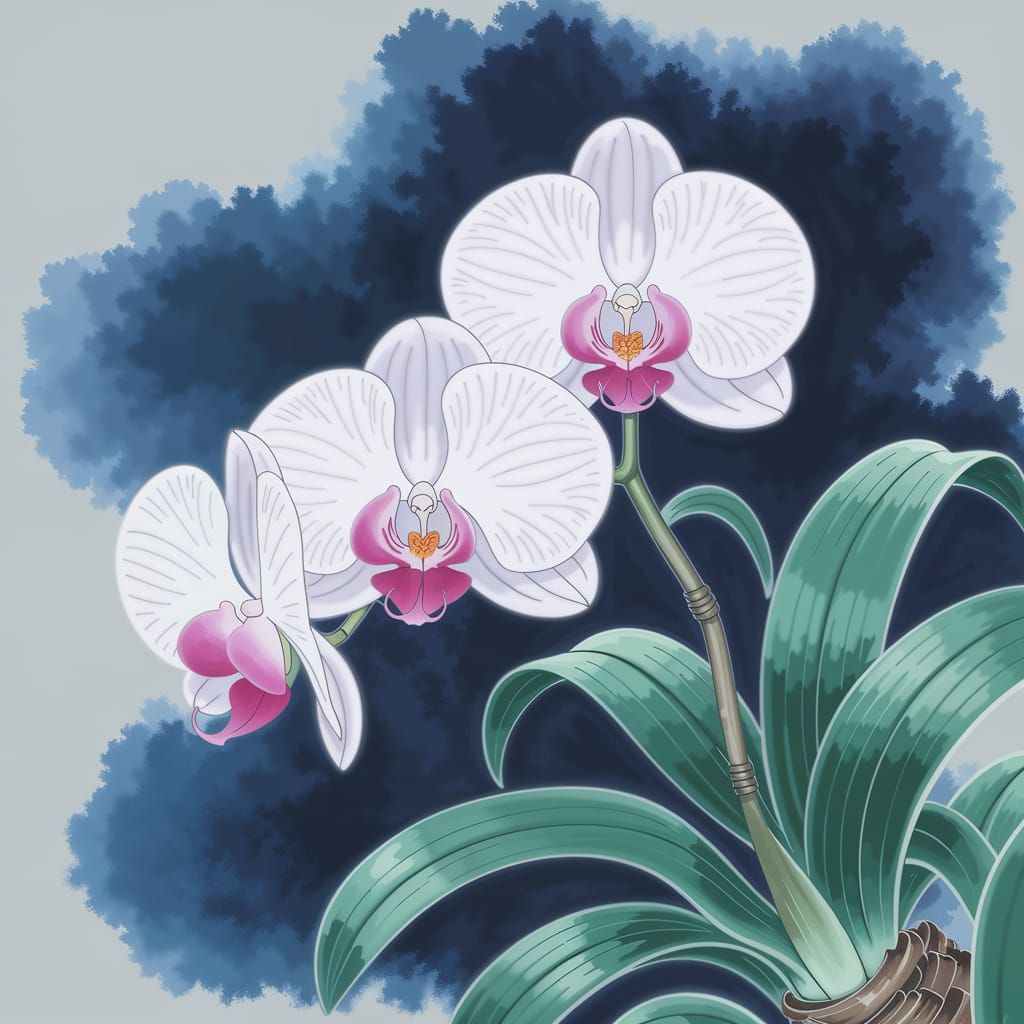 traditional Chinese gongbi painting of cymbidium orchids, elegant white orchid flowers with delicate pink stamens