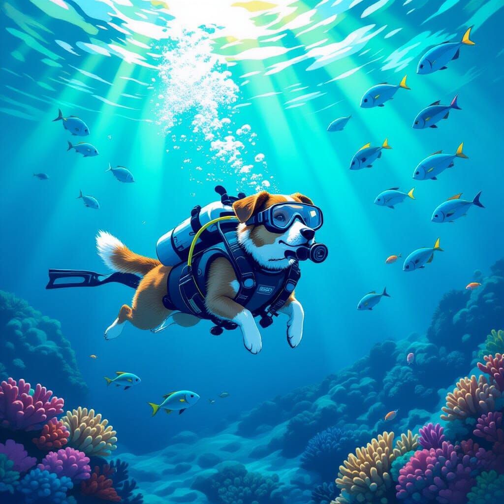 Dog in Scuba Gear Swims with Fish in Vibrant Ocean