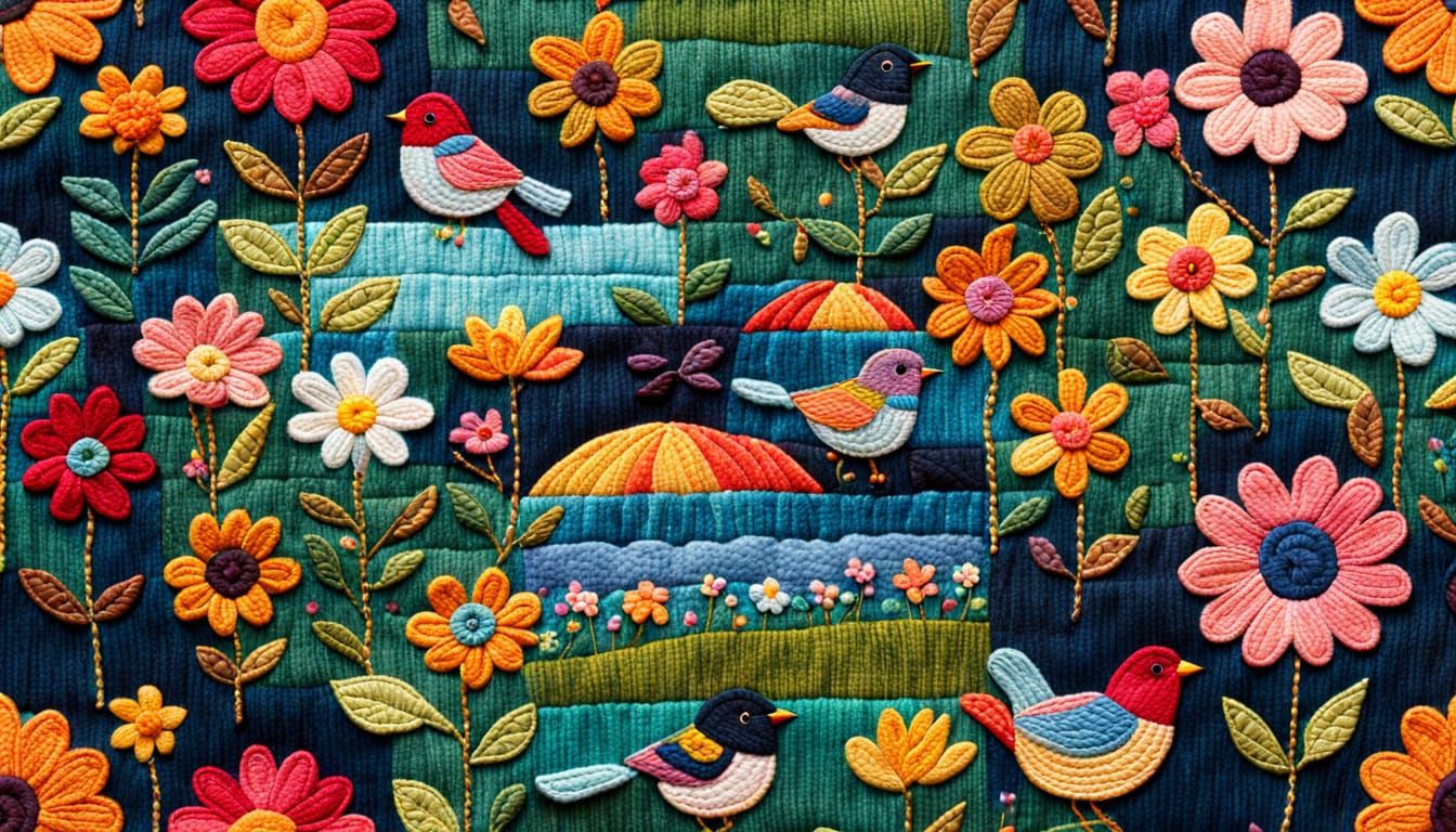 Vibrant Folk Art Embroidery with Birds and Gingham