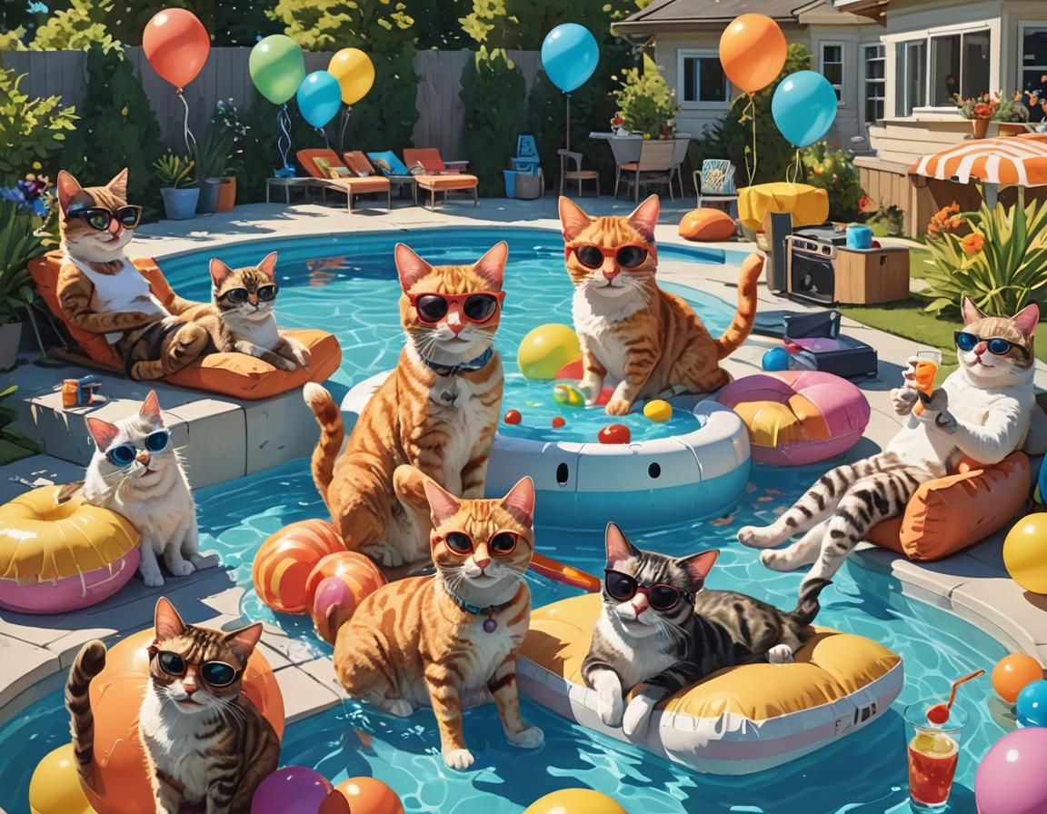 Cartoon Cats' Pool Party in DreamWorks Style