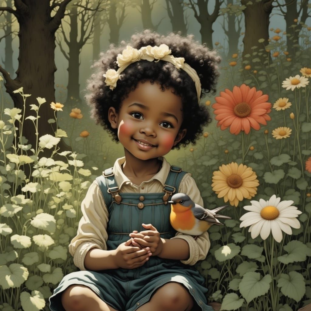 Toddler Girl Holds Robin in Dreamy Garden Illustration