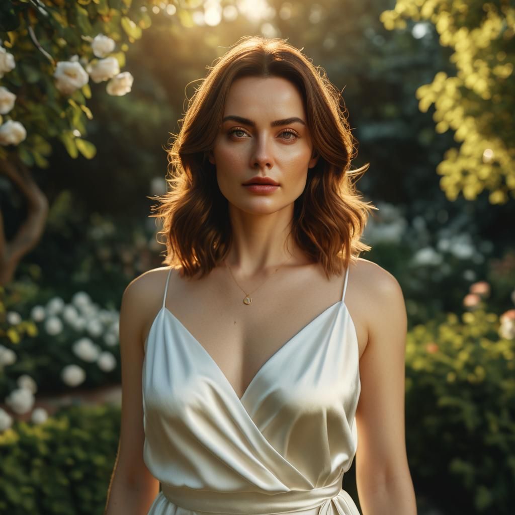 Young Woman in White Satin Dress in Garden