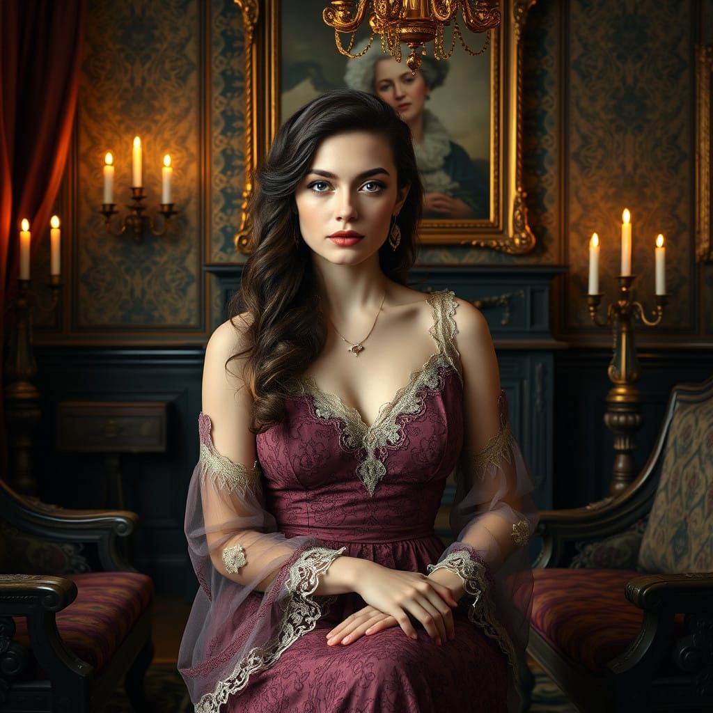 Elegant Victorian-Era Woman in Lavish Parlour
