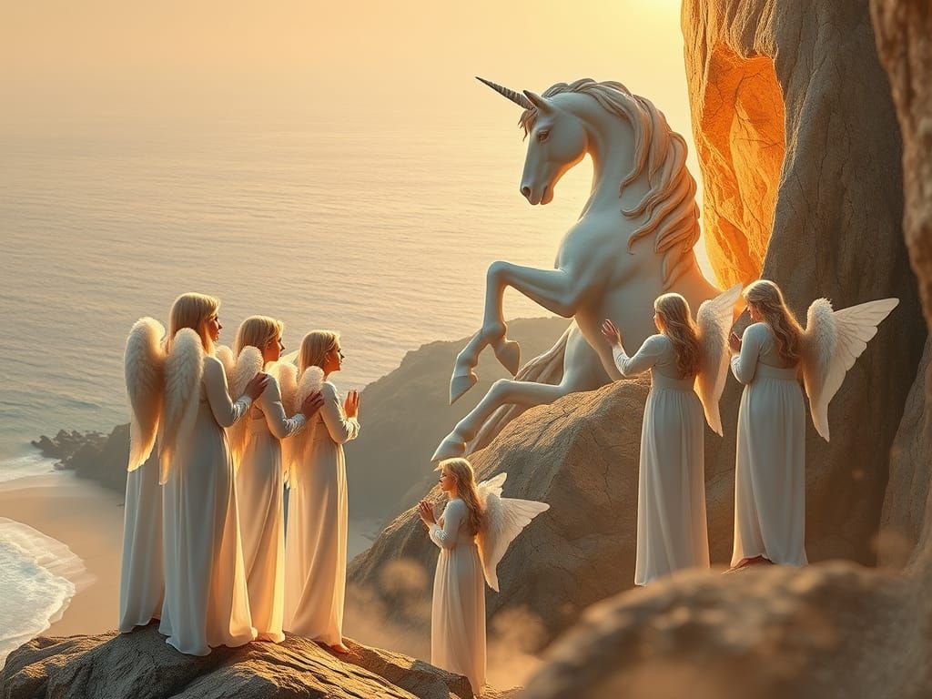 Angels Carve a Majestic Unicorn Statue at Dawn