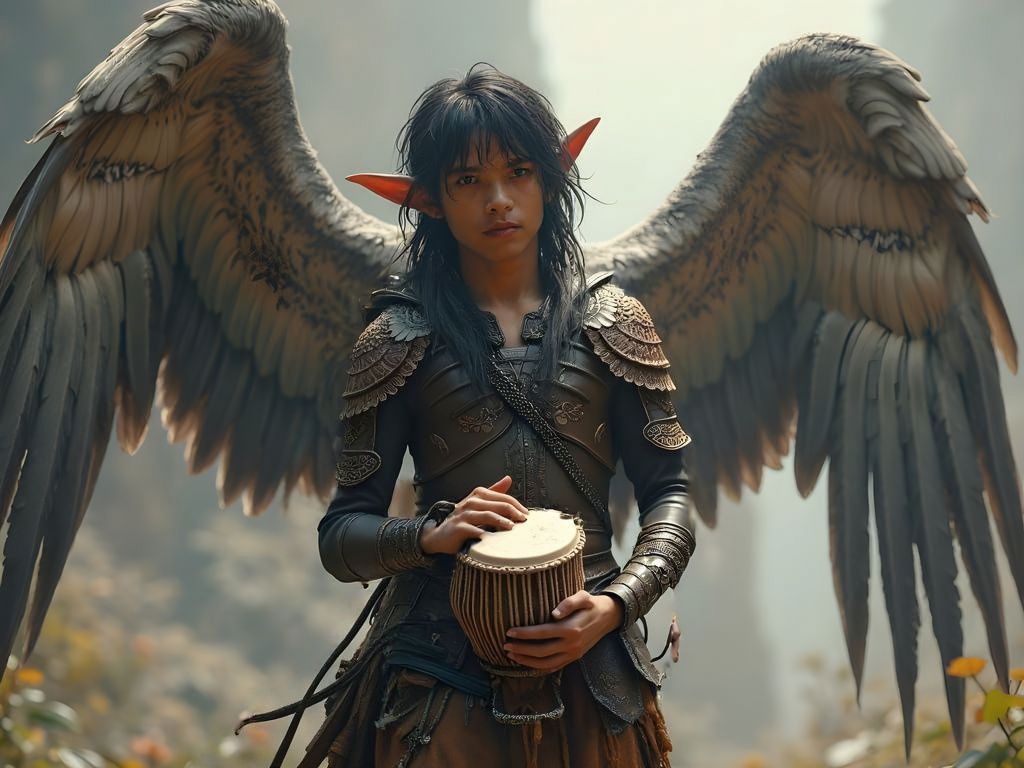 Fantastical Latin American Warrior with Regal Wings in Earth...