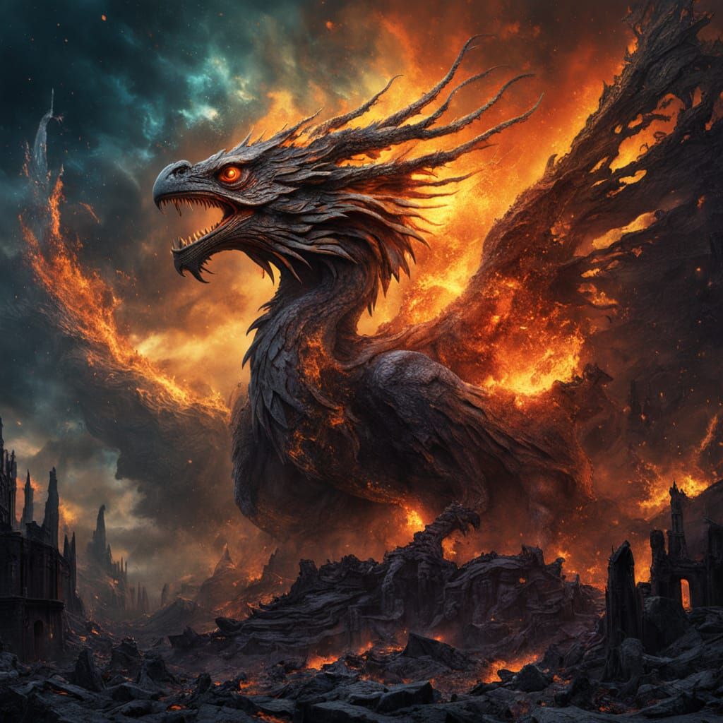 Cosmic Phoenix Dragon Rises from Galaxy Ashes