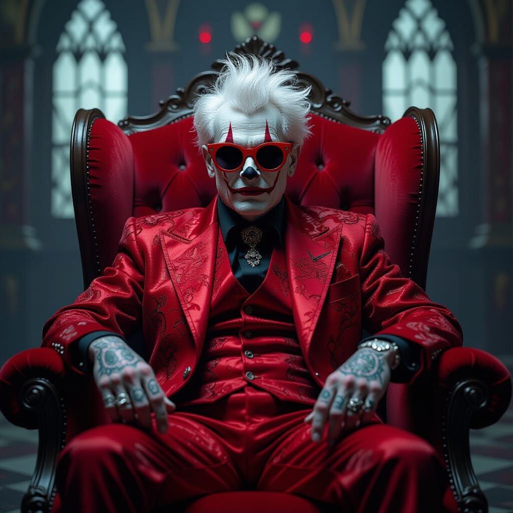 Gothic Noir Clown in Crimson Velvet Armchair