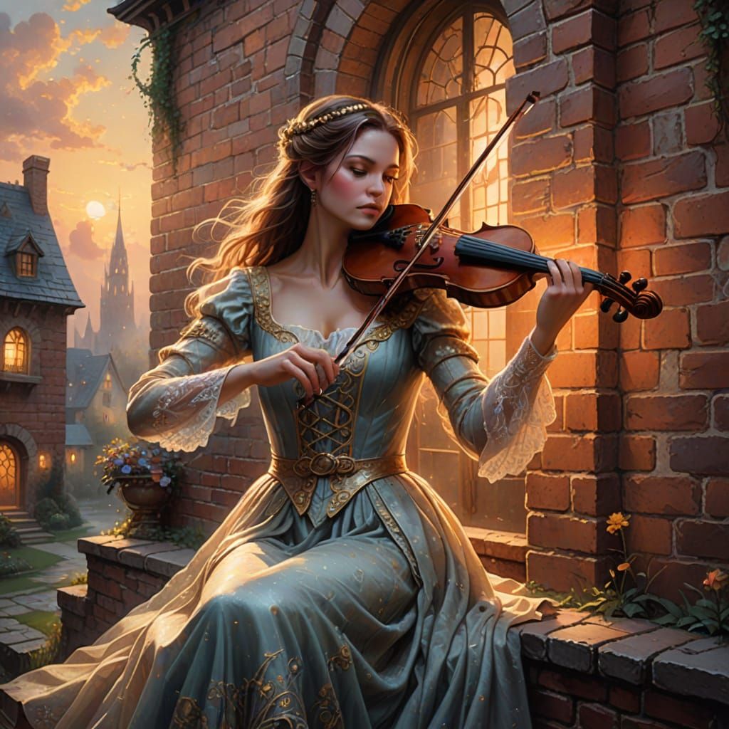Ethereal Young Woman Plays Violin Against a Warm Brick Wall
